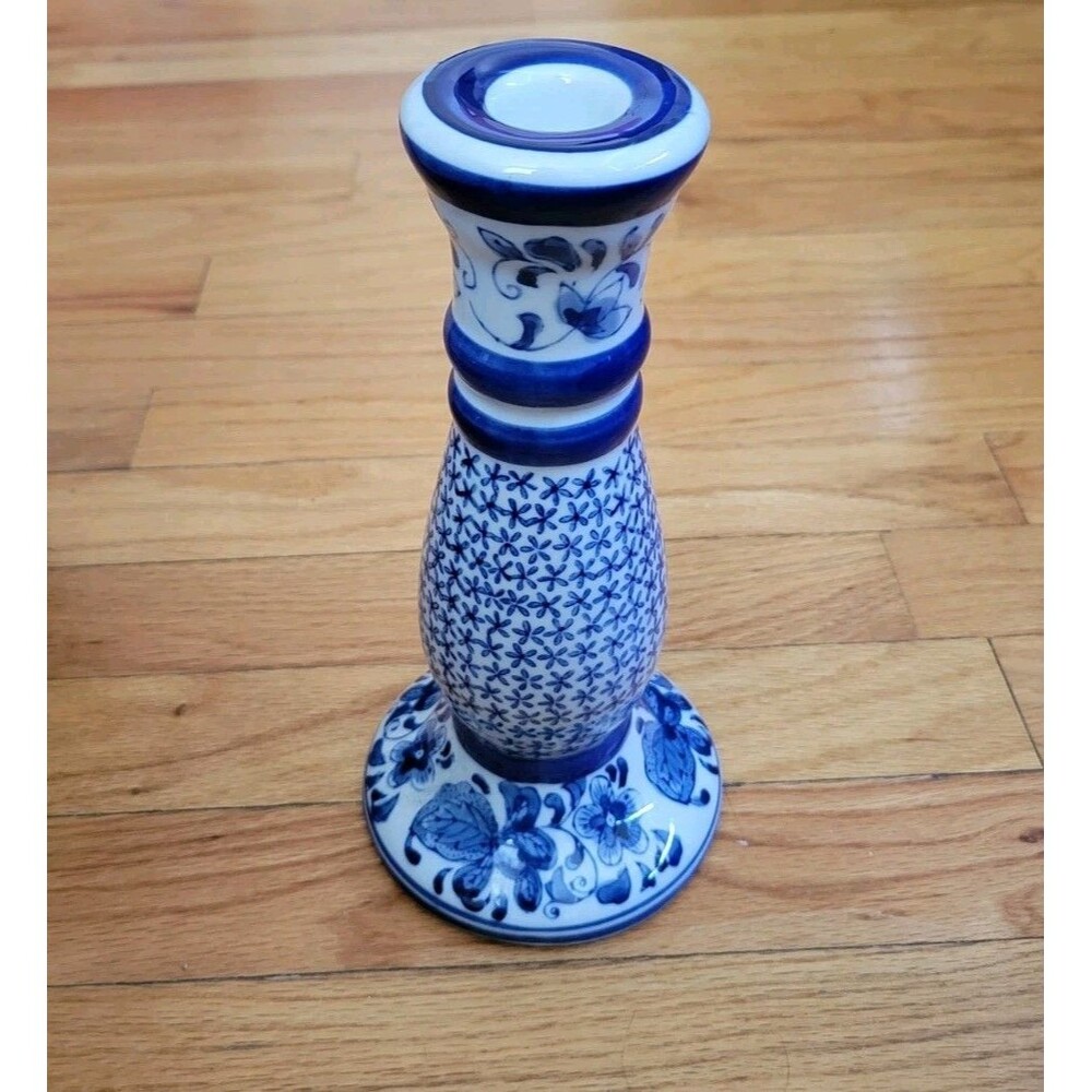 Vtg Blue White Taper Candlestick Holder 9.5" Porcelain Country Cottage Floral